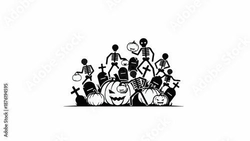 Spooky skeletons and pumpkins gather on a graveyard scene, celebrating Halloween