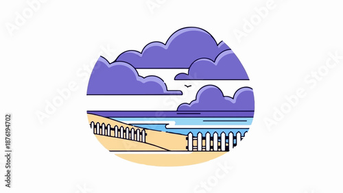 Stylized beach scene with purple clouds, sandy shore, and white picket fences