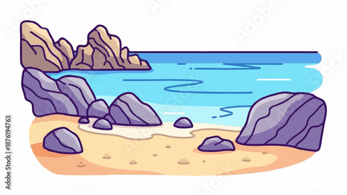 Stylized beach with ocean waves, sand, and rocky outcrops under a clear sky