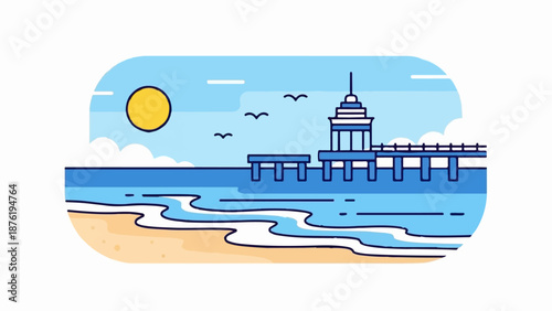 Stylized beach with a pier extending over blue water under a sunny sky