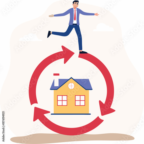 mortgage loan or reverse mortgage, property or real estate payment method for regular payment, businessman with reverse mortgage with reverse direction symbol 