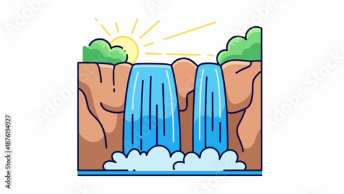 Stylized cartoon waterfall cascades down rocky cliffs under a bright, radiant sun