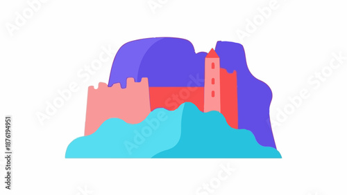 Stylized castle structure atop rolling blue hills, framed by abstract purple mountain shapes