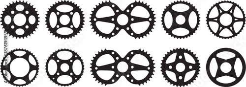Vector set of ten bike chainring silhouettes (chainwheels, sprockets) isolated on a white background.
