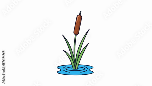 Stylized cattail plant with brown head and green leaves emerging from blue water ripples