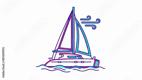 Stylized catamaran sailing on water with wind streaks