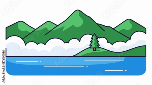 Stylized green mountains above a tranquil blue lake with fluffy white clouds and a single evergreen tree