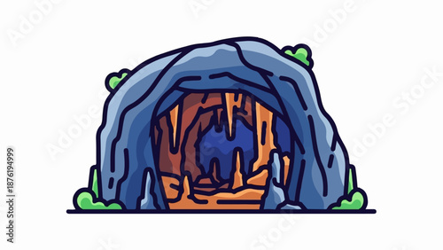 Stylized cave entrance with blue rock, orange stalactites, and green foliage