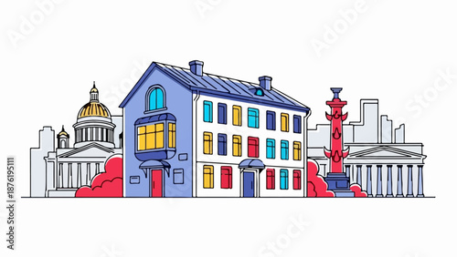 Stylized illustration of city buildings, featuring a domed structure, a multi-story building with colorful windows, and a monument