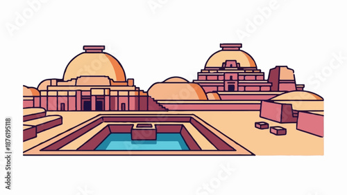Stylized illustration of ancient stupas and a reflecting pool