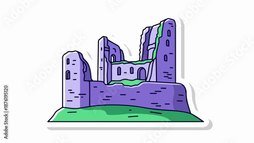 Stylized illustration of ancient stone castle ruins on a green hill