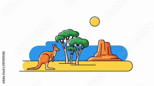 Stylized illustration of an Australian outback scene with a kangaroo, trees, and rock formations under a yellow sun