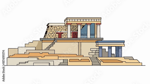 Stylized illustration of an ancient structure with multiple levels and columns