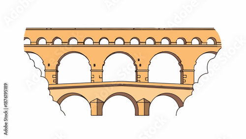 Stylized illustration of an ancient stone aqueduct with multiple arches, set against a white background