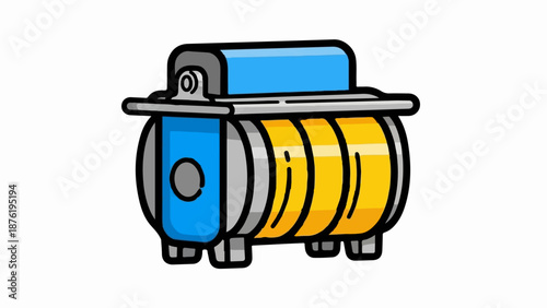 Stylized illustration of a yellow and blue industrial machine with cylindrical components