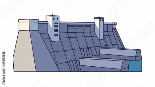 Stylized illustration of a massive dam, with geometric shapes and muted colors