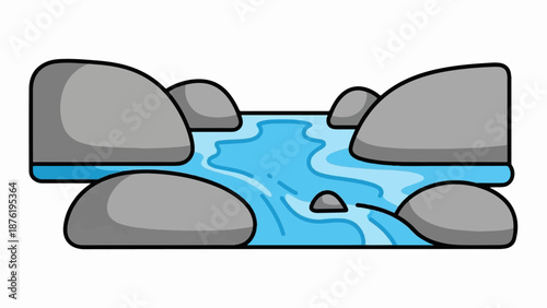 Stylized graphic illustration of a flowing river with smooth grey rocks