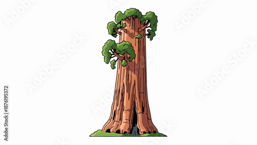 Stylized illustration of a massive, ancient tree with a hollow base, green foliage, and textured bark