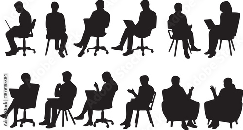 Vector set of detailed people sitting silhouettes isolated on white background