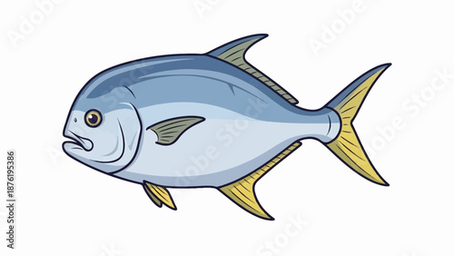 Stylized illustration of a light blue fish with yellow fins and tail, facing left