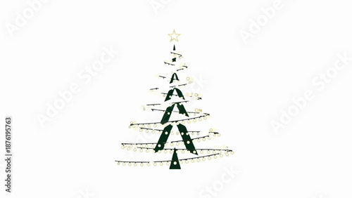 Stylized Christmas tree with dark green shapes and glowing lights, topped with a star