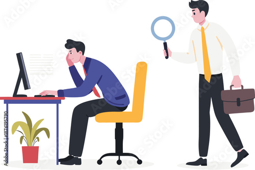 Micromanaging boss, toxic manager monitoring every details, excessive supervision and control of employee work and processes, micromanager boss using magnifying glass keep looking at employee working.