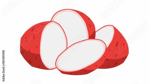 Sliced red fruits with white centers piled together