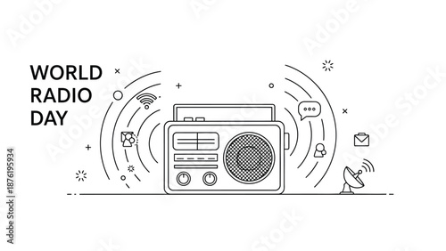 Simple black and white line art graphic celebrating world radio day with a vintage portable radio broadcasting modern digital signals and communication icons