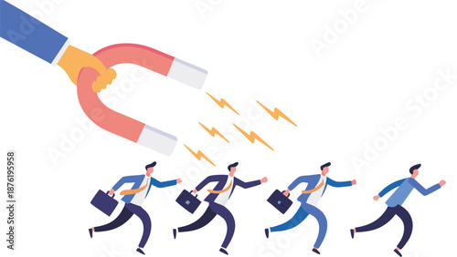 HR, Human resource recruiting candidates or talents, marketing to attract or draw new customers or leadership and charm concept, big employer hand using magnet power to draw new people employees. 