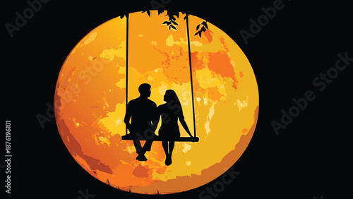 Romantic couple swinging under moonlight together