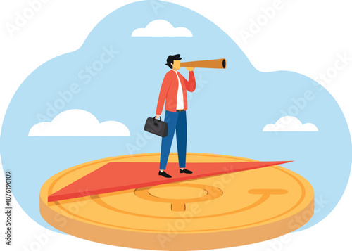 Businessman sitting on business compass, business concept, vector illustration 