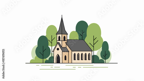 Stylized church nestled amongst abstract trees