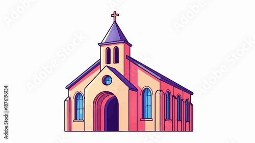 Stylized church with a steeple, arched windows, and a large entryway