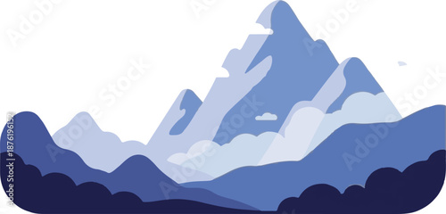 Stylized blue mountain range with layered peaks and clouds in a minimalist flat design