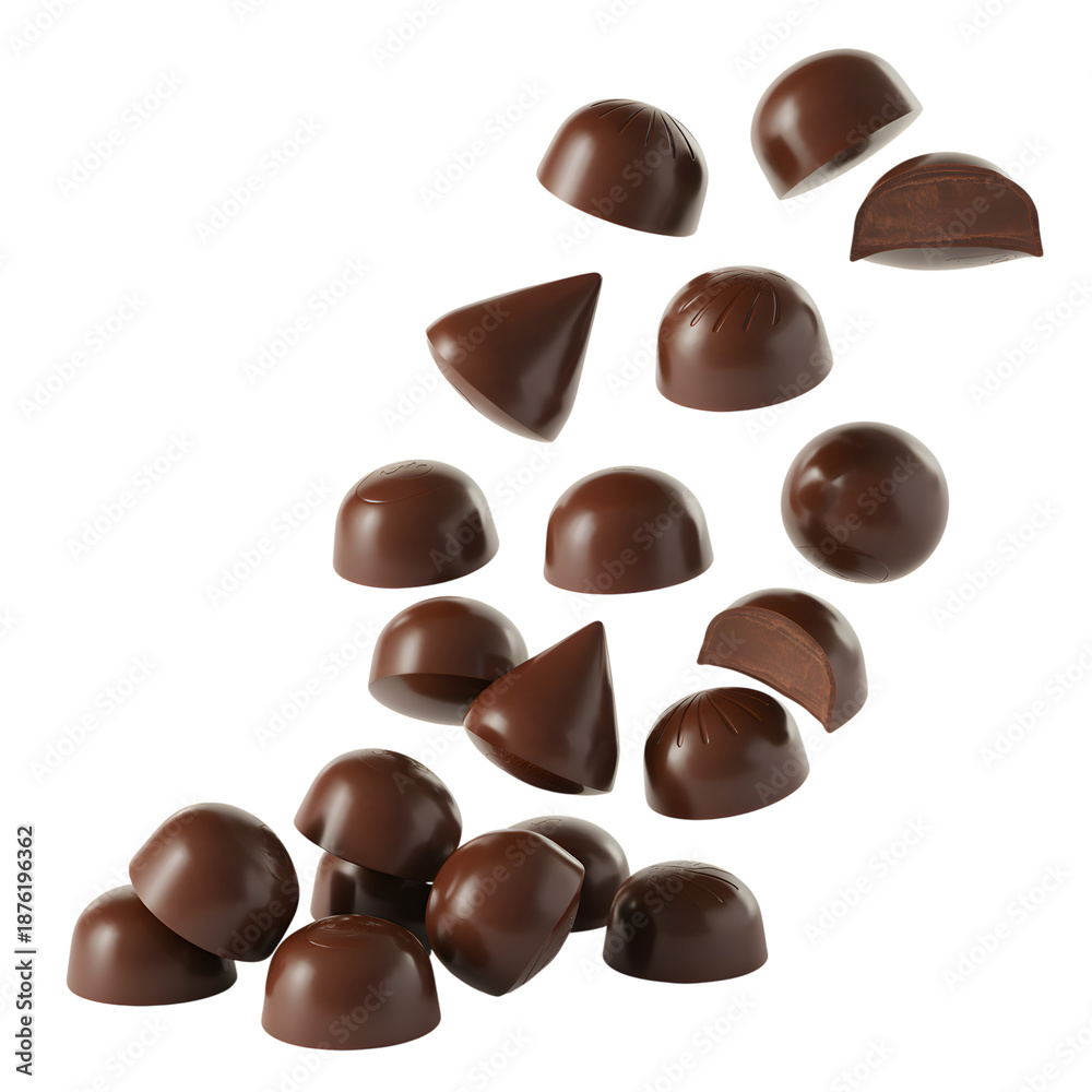 Fototapeta premium Chocolate candies falling from above isolated on transparent background