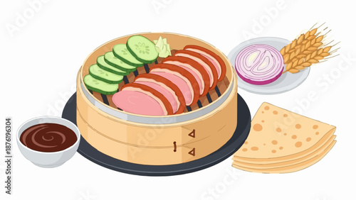 Sliced roast meat served with cucumber, sauce, flatbread, and onion