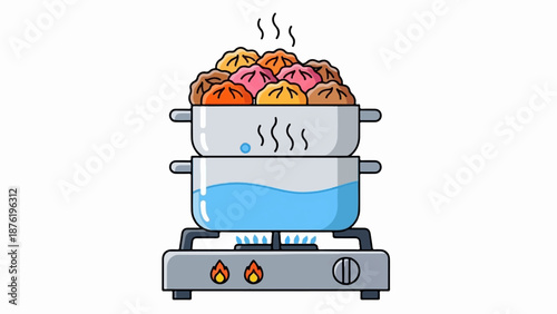 Stacked pots on a stove with steaming dumplings and boiling water