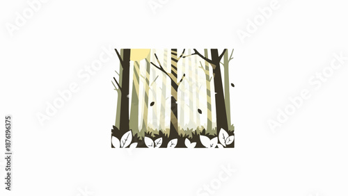 Stylized forest scene with bare branches, leaves, and dappled sunlight