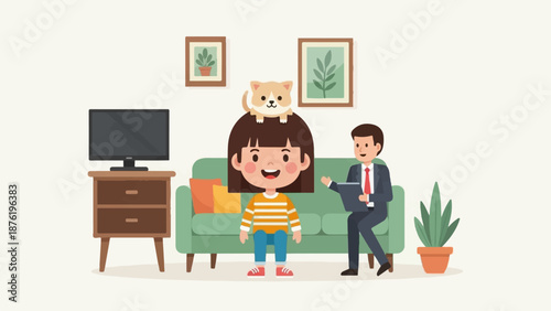 Smiling child with cat on head, seated beside a man in suit