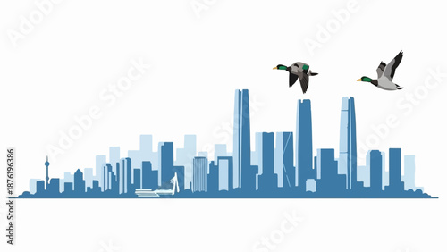 Stylized cityscape silhouette with two ducks flying above