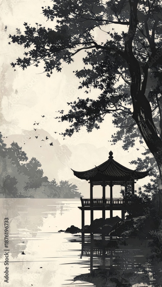 Obraz premium Small Wooden Pavilion by the Water Surrounded by Maple Trees