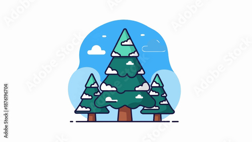 Stylized evergreen trees under a bright blue sky with fluffy clouds