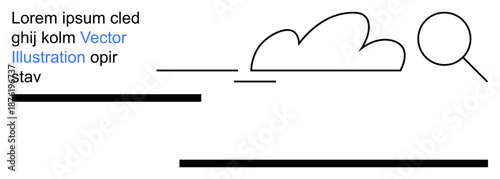 Digitalization, information search, cloud storage, data organization, web design, modern minimalism. Stylized text with cloud and search icon. Digitalization and information search concepts