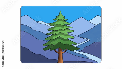Stylized evergreen tree stands before layered blue mountains and a winding path under a bright sky