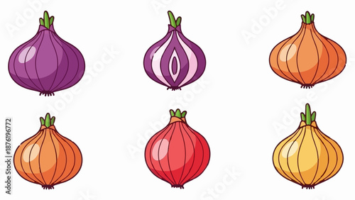 Six cartoon-style onions, in purple, red, and yellow hues, are displayed in two rows