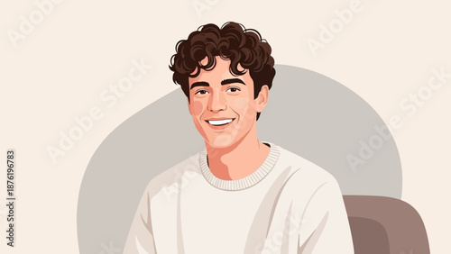 Smiling young man with curly hair in a cream sweater, seated