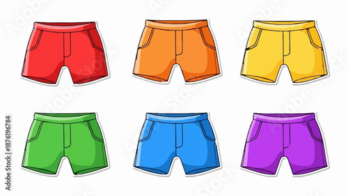 Six colorful pairs of cartoon-style shorts arranged in two rows