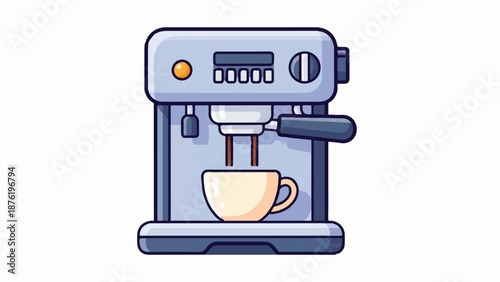 Stylized espresso machine brewing a light-colored cup of coffee
