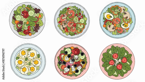 Six colorful, overhead illustrations of assorted salads on plates