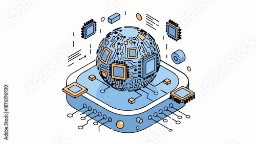 Stylized digital sphere with circuit patterns and surrounding computer components